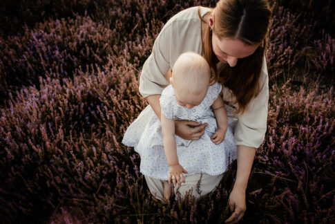 Mutter und Kind auf Heidefläche pflücken Heide