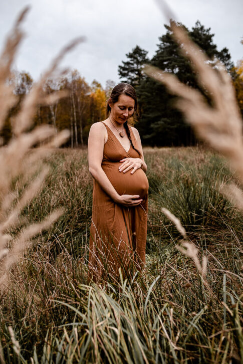 Babybauchshooting im Herbst auf Wiese. Die Mama trägt ein braunes Kleid