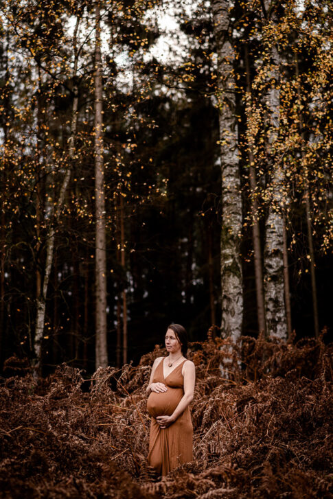 schwangere Frau vor Birkenwald im Herbst bei Babybauchshootin auf dem Niemannshof in Kragen.